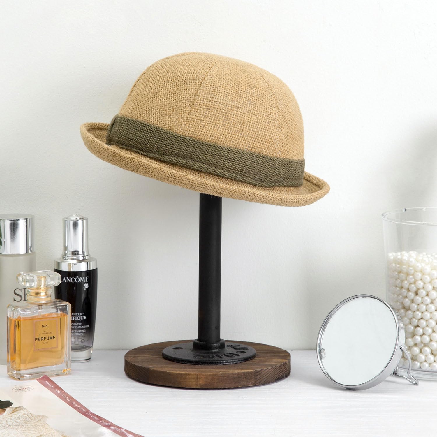 MyGift Rustic Burnt Wood Hat Holder Stand with Industrial Metal Pipe, Wig Rack or Jewelry Display Riser, Set of 2 (Burnt Wood, Medium, 2 Pack)