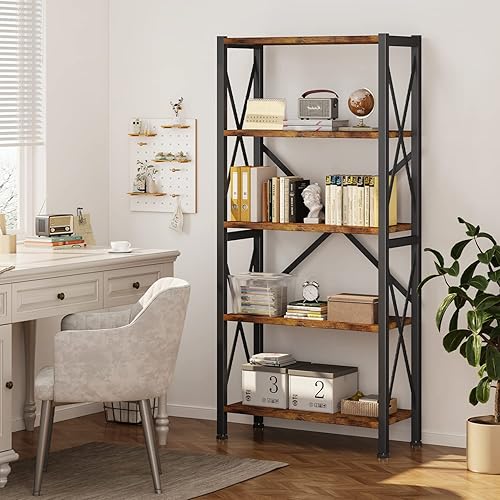 Miniatura 5 de Estantería de 5 niveles, estantería de madera, estante para libros con marco de acero, estante de almacenamiento con estantes abiertos, estantes