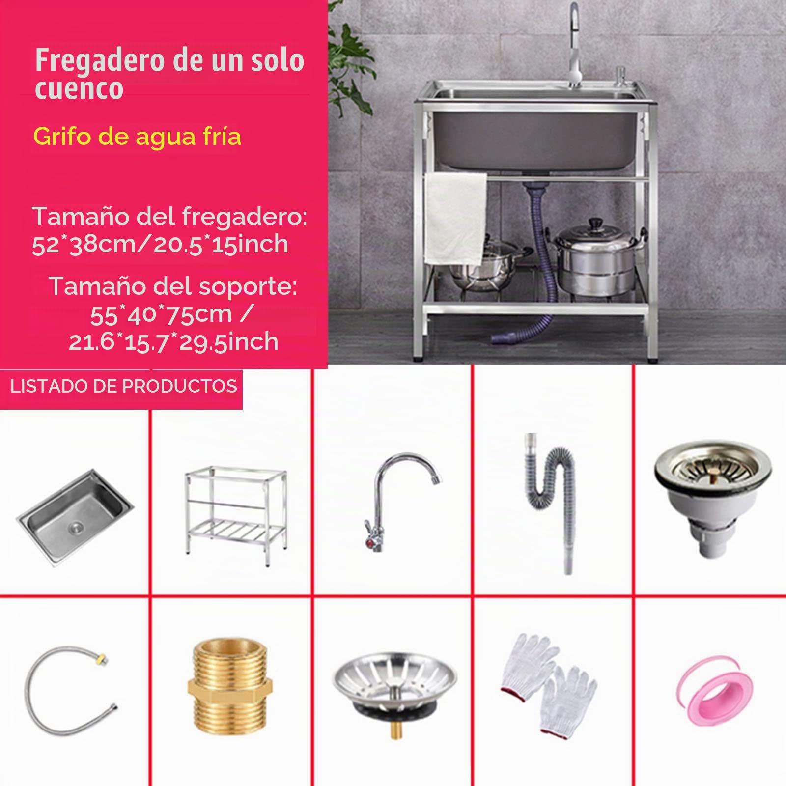 Fregadero de Acero Inoxidable de Un Seno Con Grifo y Escurridor - Pie Libre Para Garaje, Restaurante, Cocina, Cuarto de Lavado, Interior y Exterior ( C