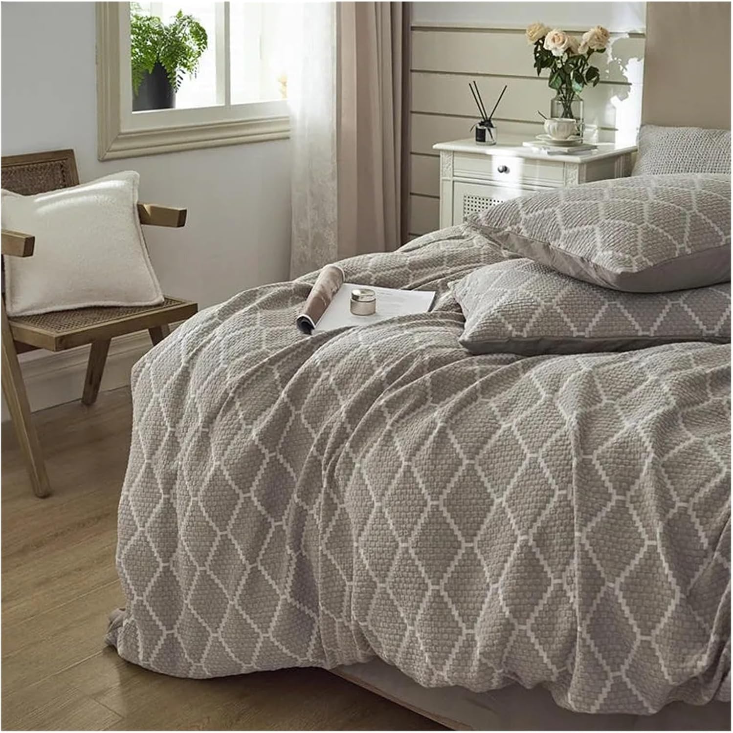 100% Cotton Yarn-Dyed Diamond Jacquard Blanket Cover Set Double Queen King 4Pcs Soft Boho Comforter Cover Bed Sheet Pillow Shams,Bed