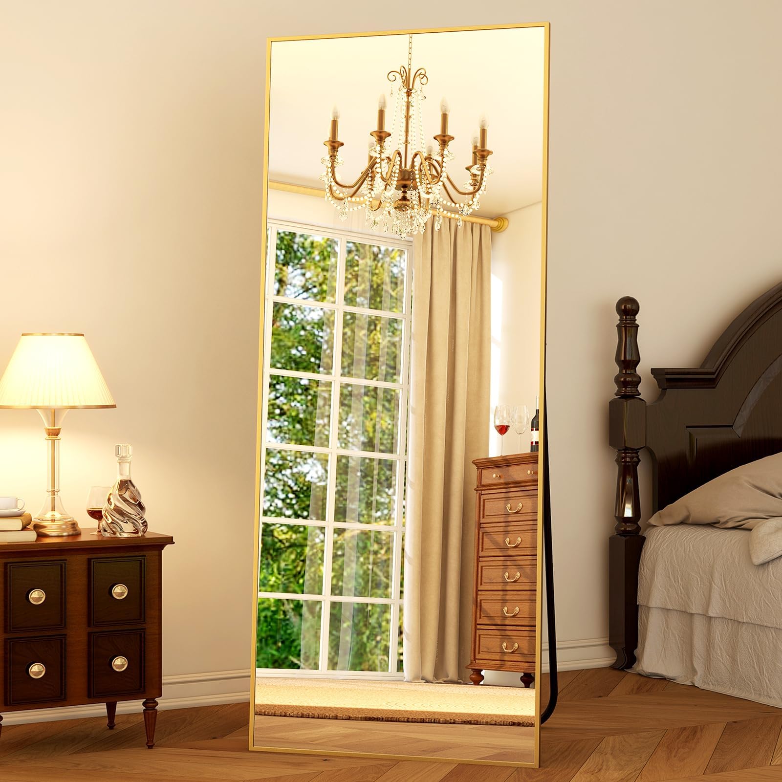 GLSLAND 64"x21" Full Length Mirror Big Standing Mirror Freestanding Hanging or Leaning Rectangle Floor Mirror Aluminum Alloy Thin Frame for Bedroom Living Room,Gold