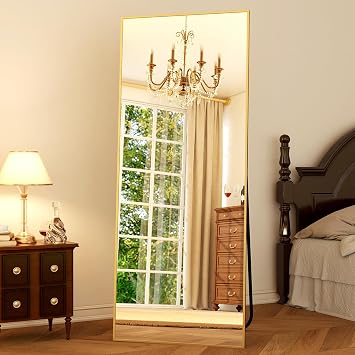 GLSLAND 64"x21" Full Length Mirror, Full Body Mirror with Stand,Gold | HD Shatterproof Tempered Glass, Freestanding/Wall/Lean, Rectangle Floor Mirror Aluminum Alloy Frame for Bedroom Living Room