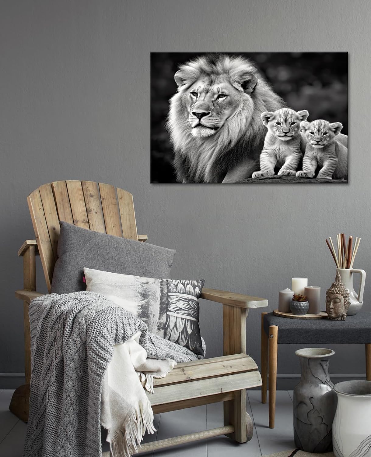 GLOKAKA Lion Wall Art Mama Lion with Cub Art Picture Black and White Animal Canvas Print Painting Artwork for Living Room Bedroom Decoration