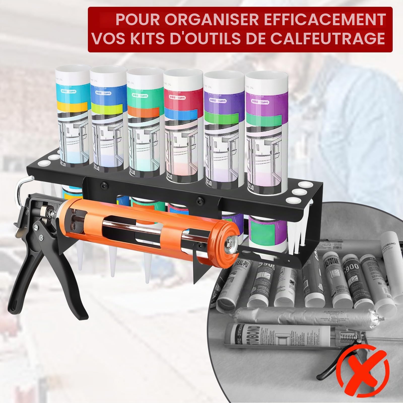 Tefola Support de rangement mural en silicone pour tubes de calfeutrage, pistolets à calfeutrer, support en métal pour rangement d'outils de van, accessoires pour 6 tubes de calfeutrage (1)