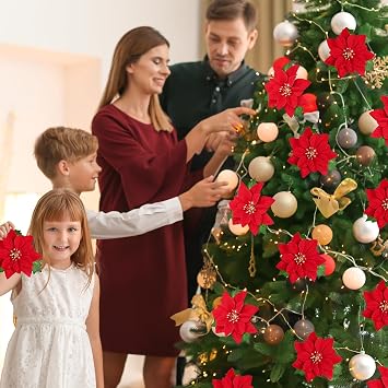 Poinsettia Flowers Artificial Christmas Flowers, 4 Pack 17'' Poinsettia Christmas Decorations, Velvet Red Poinsettia Flowers for Christmas Tree Party Porch Garden Indoor Outdoor Home Decoration
