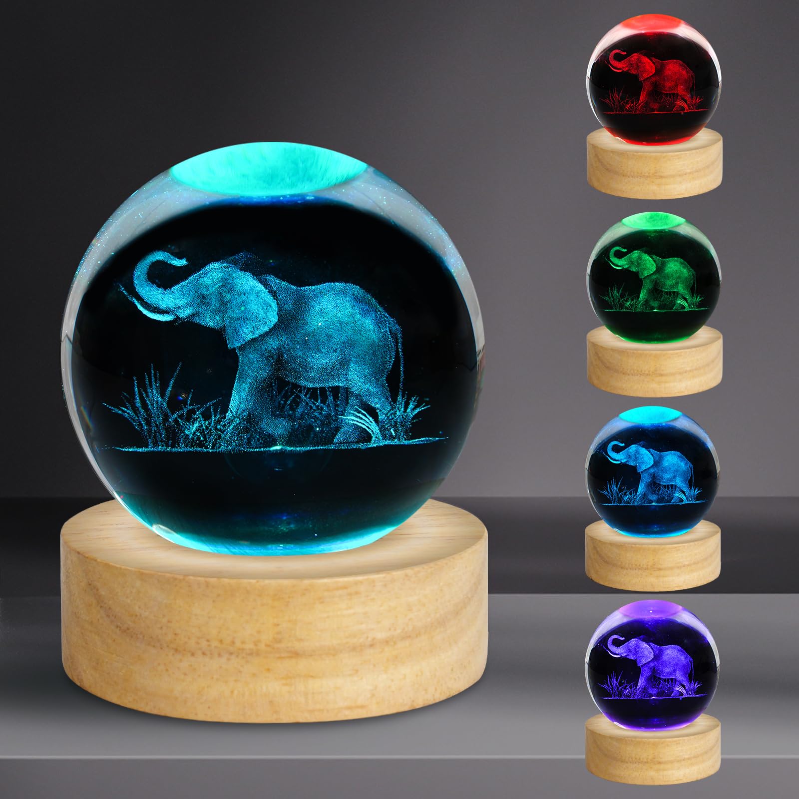PYMIN3D 3D Elephant Engraved Crystal Ball Night Light 2.4in Figurines Decor Table Lamp With 16 Colors Change Remote Control for Birthday Christmas