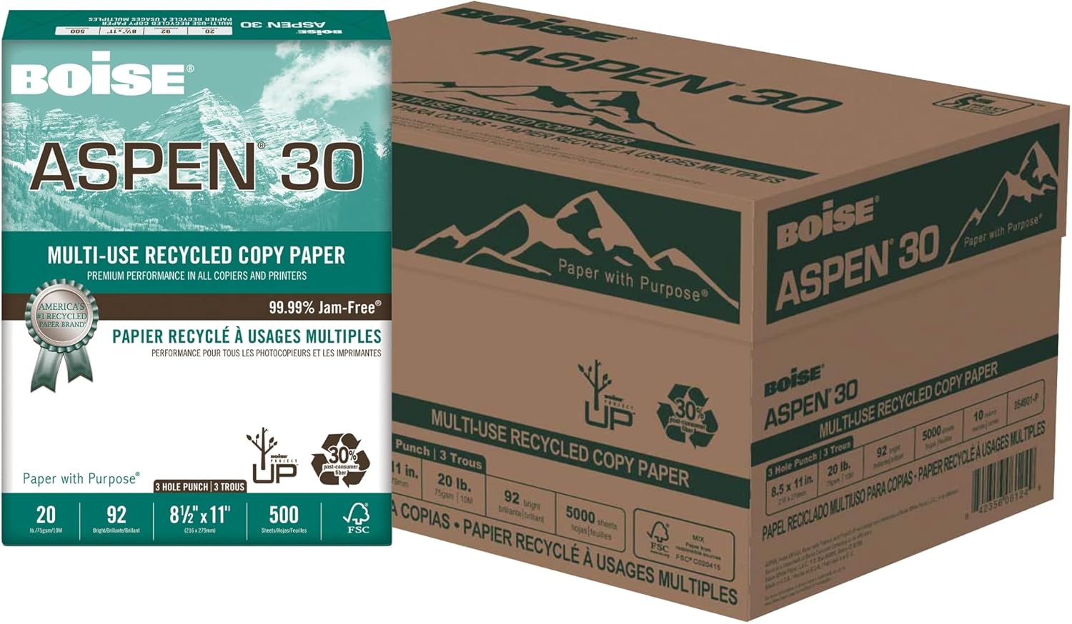 Boise® ASPEN® 30 3-Hole Punched Multi-Use Printer & Copy Paper, 10 Reams, White, Letter (8.5" x 11"), 5000 Sheets Per Ca