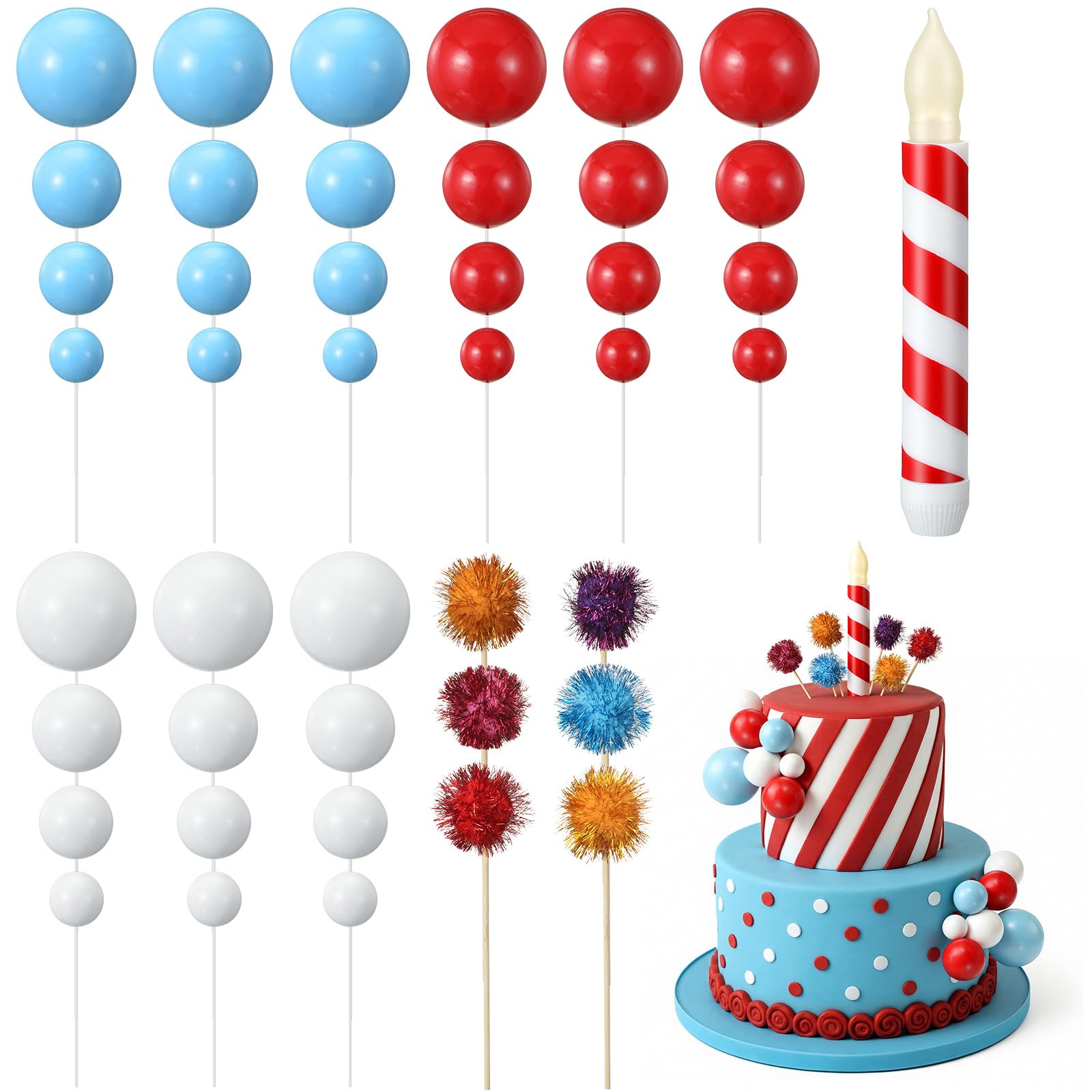 CHENGU Red Blue White Cake Ball Topper Decoration Pom-pom Cake Topper Red and White Stripe Candle Decorations for Graduation Party Wedding Birthday