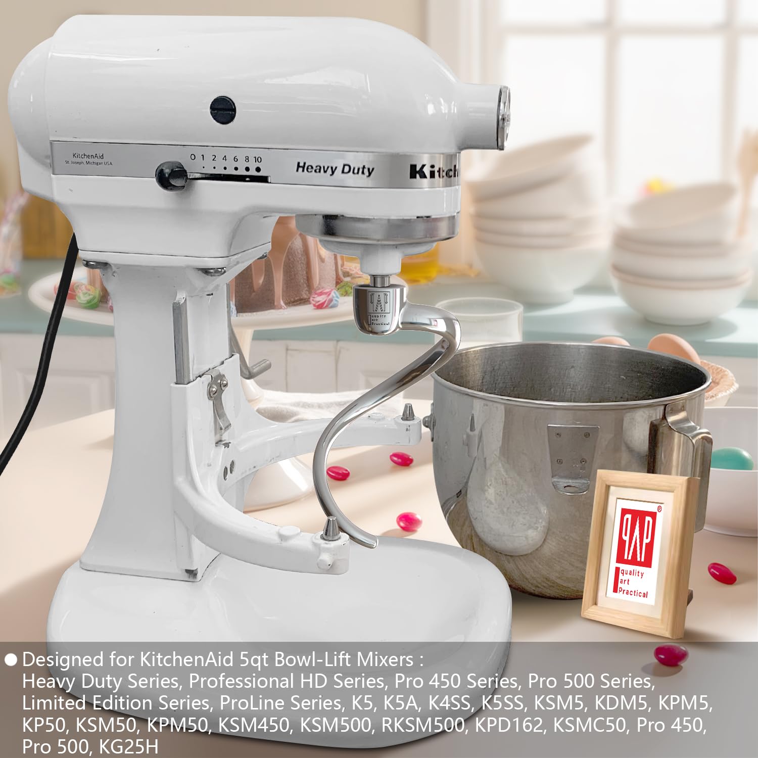 Gancho de masa en espiral duradero, compatible con batidoras KitchenAid Heavy Duty Series de 5 cuartos de galón (K4, K5, K5A, K5SS, KSM5, KDM5, KPM5, KP50, KSM50, KPM50, KSM450, KSM500, KPD162,