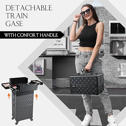 Vista 15 de Adazzo Maleta de maquillaje 4 en 1 con ruedas para cosméticos, caja de tecnología de uñas para artistas de maquillaje, estilistas, estuche de Negro