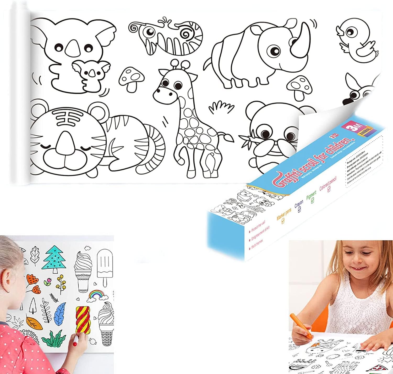KolorFish Re-Stick Drawing Paper Roll for Kids, 118 x 12 Inch Large Art Paper Crafts Coloring Tablecloth Ideal Gift for Toddlers, Animal Themed