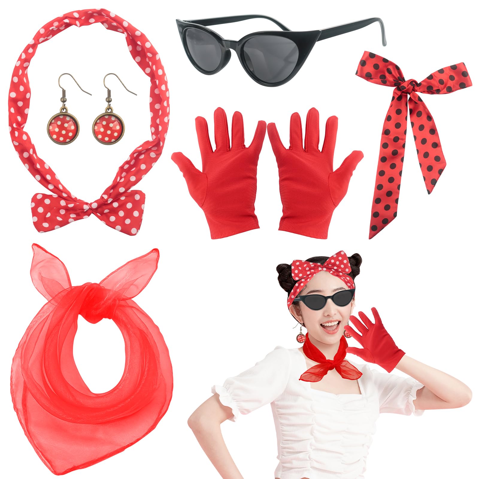 LjFrexia Rockabilly Accessoires 50er Jahre, 1950s Kostüm Damen Zubehör Set, 5TLG mit Chiffon Schal Polka Dot Stirnband Katzen Auge Brille Ohrringe Handschuhe, für Karneval Fasching Moto Retro Party