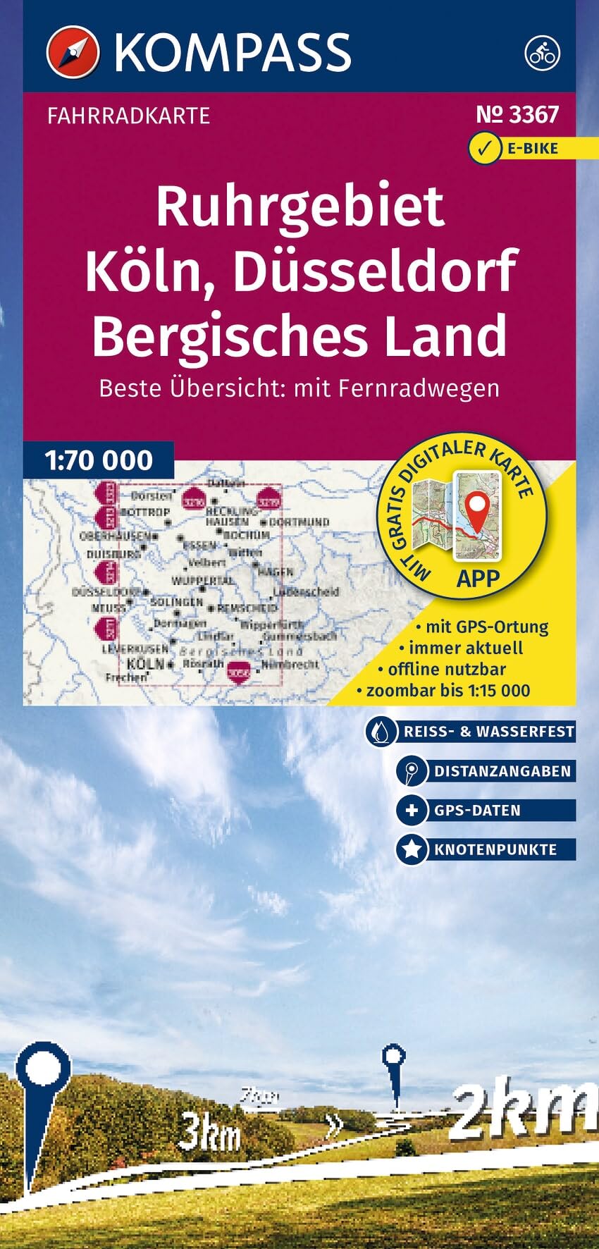 KOMPASS Fahrradkarte 3367 Ruhrgebiet, Köln, Düsseldorf, Bergisches Land mit Knotenpunkten 1:70.000: reiß- und wetterfest