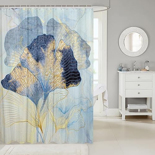 Miniatura 2 de Castle Fairy Cortinas de ducha de hojas de ginkgo, moderna cortina de baño azul fluida de mármol, hojas doradas de lujo, juego de decoración de baño