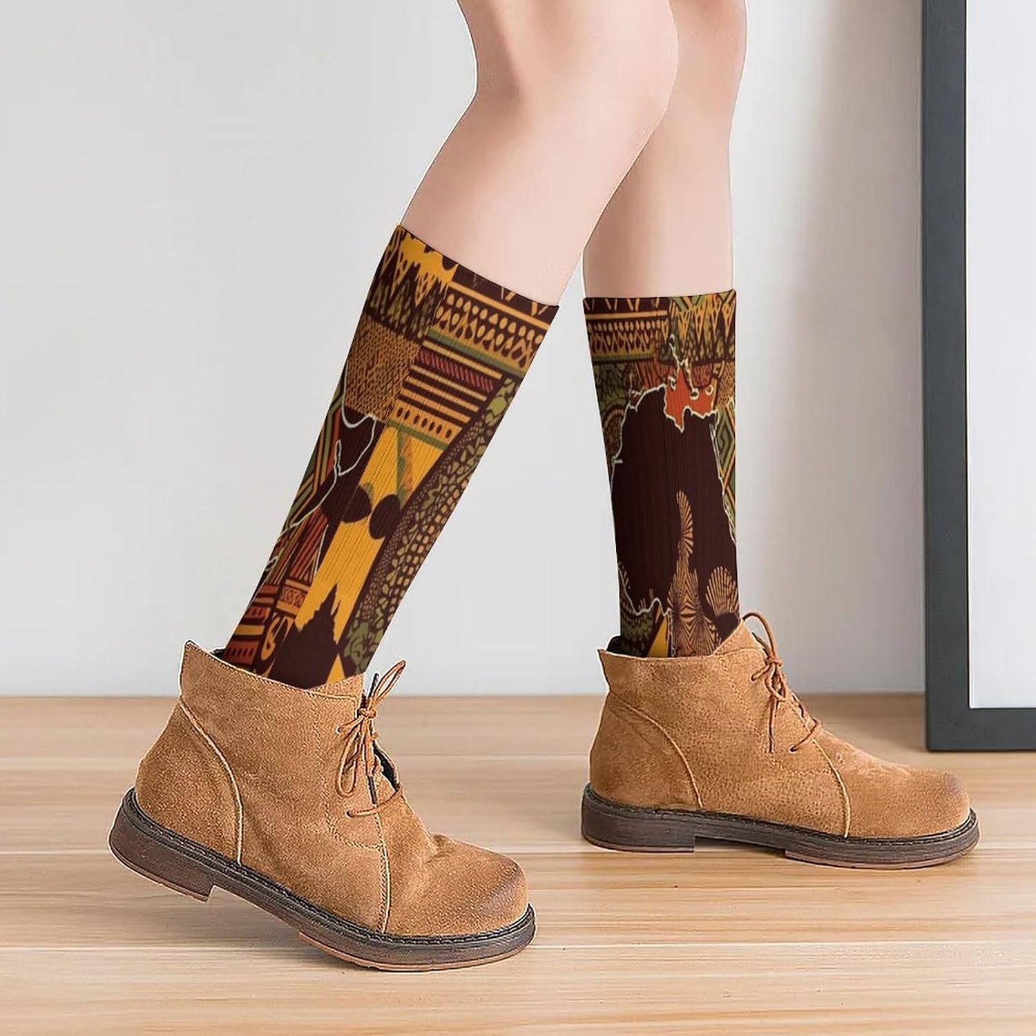 African Map Ethnic Crew Socks Casual Breathable Calf Socks | Cushion Running Athletic Socks Long Performance Breathable Sports Socks for Women Men