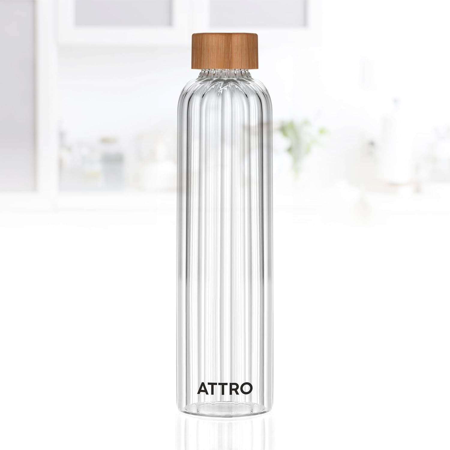 ATTRO Glassox Glacia High Borosilicate Screw Glass Bottle with Bamboo Lid Leakproof Ideal for Office, Travel, Home,Outdoor & Daily Use – Transparent – 750ml