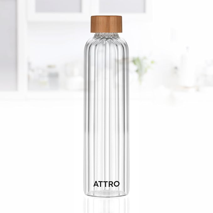 ATTRO Glassox Glacia High Borosilicate Screw Glass Bottle with Bamboo Lid Leakproof Ideal for Office, Travel, Home,Outdoor & Daily Use – Transparent – 750ml