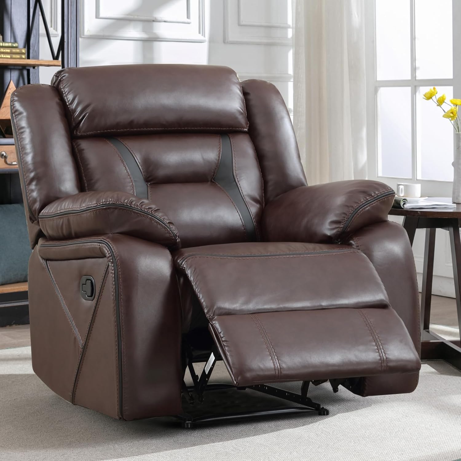 EBELLO Manual Recliner Chair, Faux Leather Single Reclining Sofa Chair with Overstuffed Armrest and Headrest, for Living Room, Bedroom Furniture, Meeting Room, Dark Brown