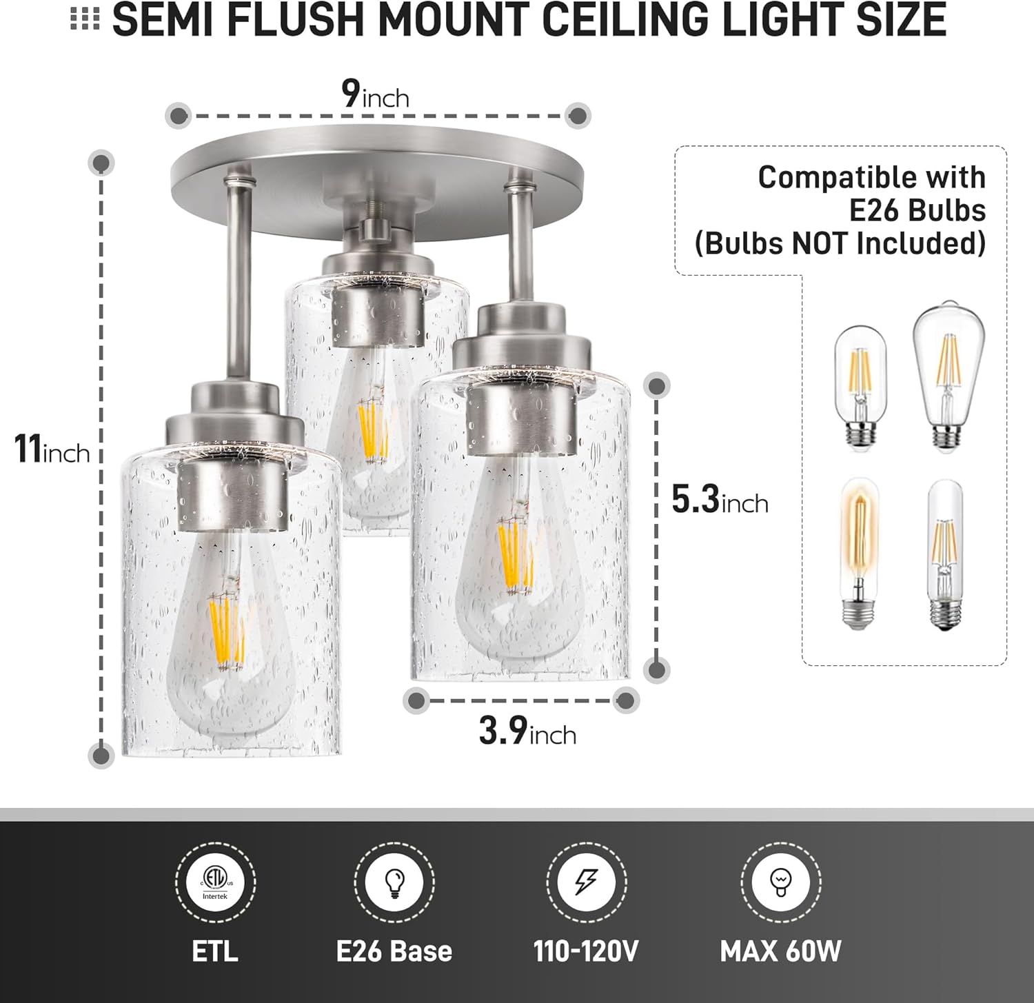 hykolity 3-Light Semi Flush Mount Ceiling Light, 9 Inch Brush Nickel Close to Ceiling Light Fixtures with Seeded Glass Shades, Modern Ceiling Lighting for Kitchen, Bedroom, Entryway, ETL Listed
