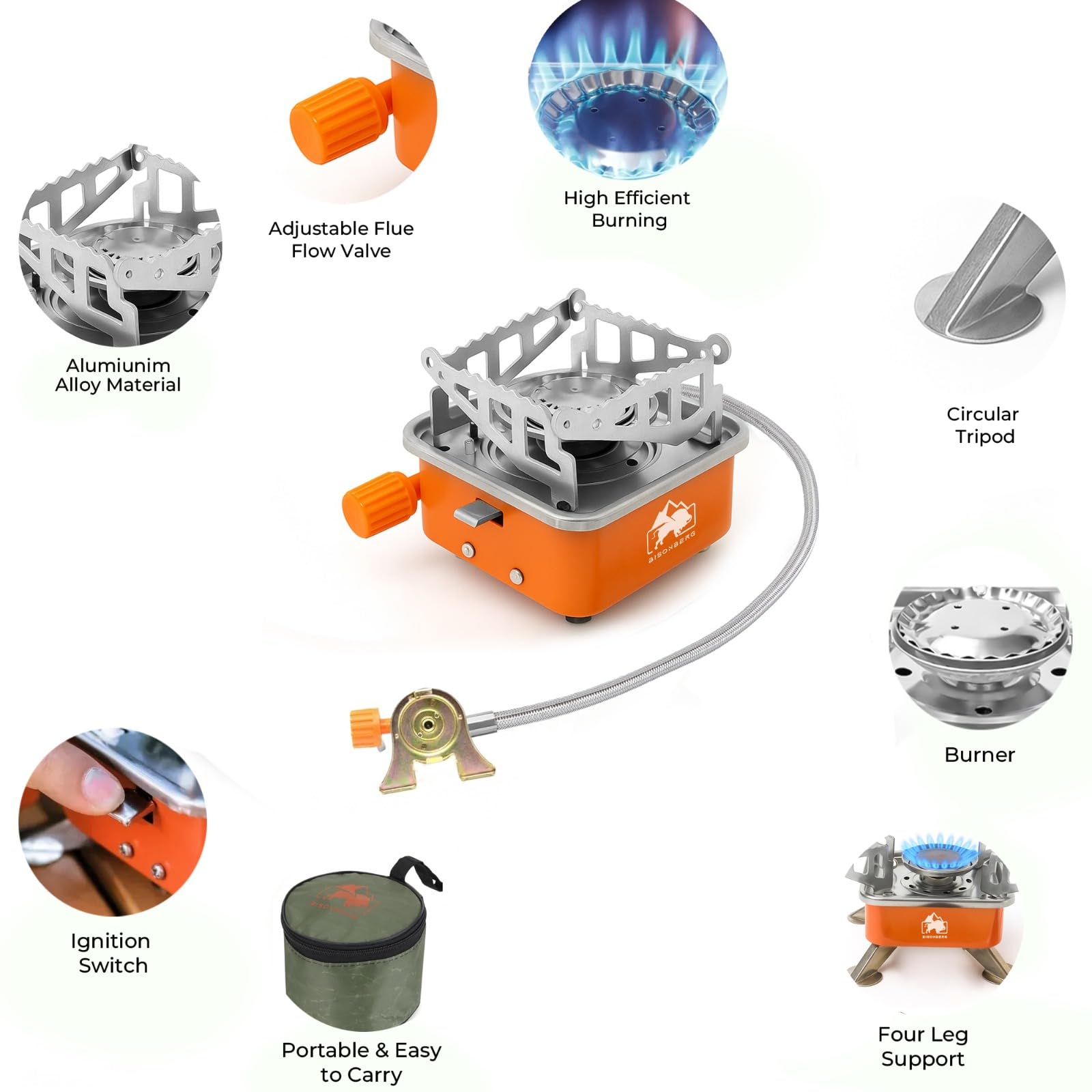 BISONBERG Camping Gas Stove, Portable Lightweight Folding Stainless Steel Furnace with Storage Bag for Outdoor Cooking, Picnic 3