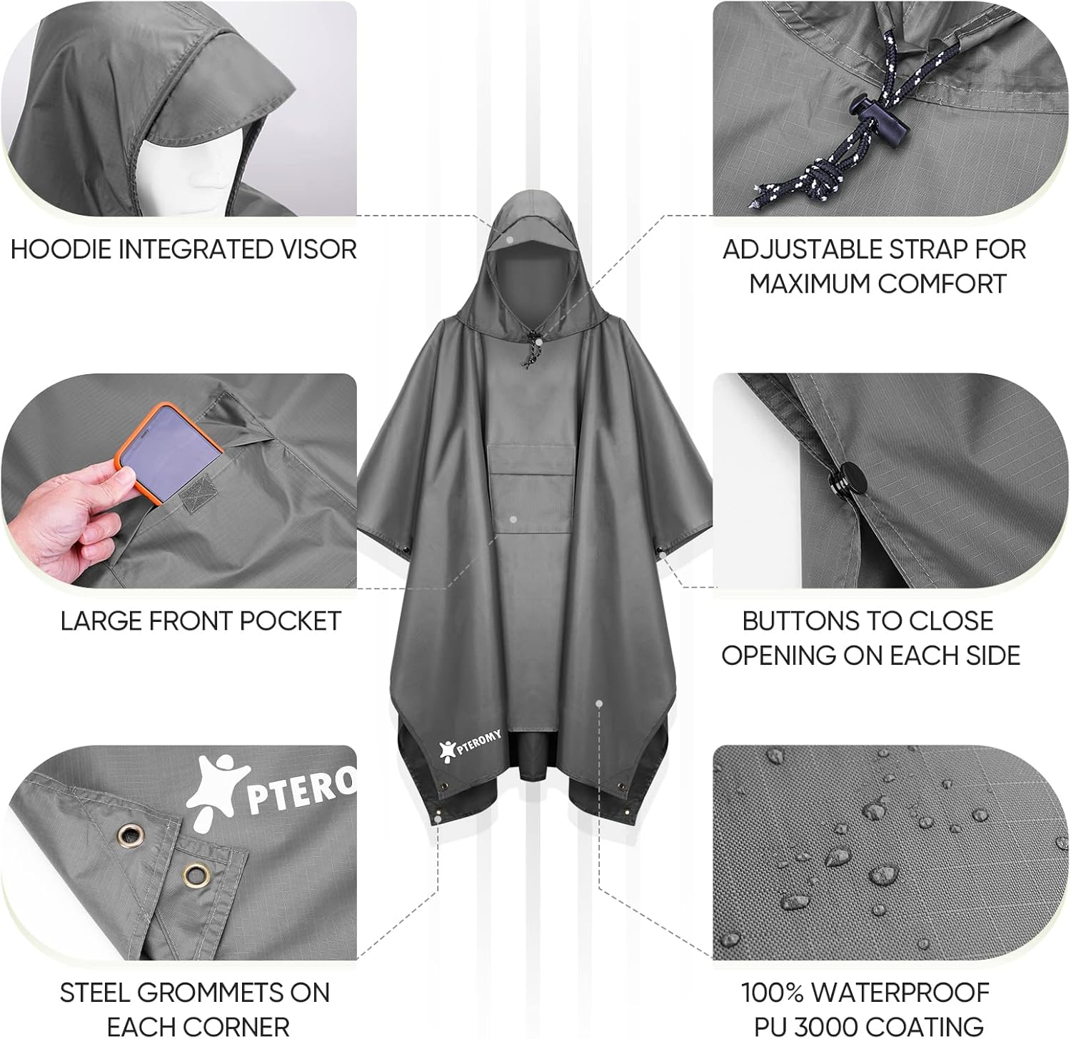 PTEROMY Hooded Rain Poncho with Pocket+Hooded Rain Poncho with Pocket and Zipper