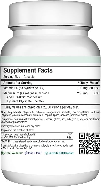 Magnesium B6 Mag 6 Magnesium Glycinate with Vitamin B6 Promote Healthy Bone Mineralization, Support Nerve & Muscle Function, Energy Metabolism - Non-GMO, Vegan, Gluten Free, Kosher 60 Capsules