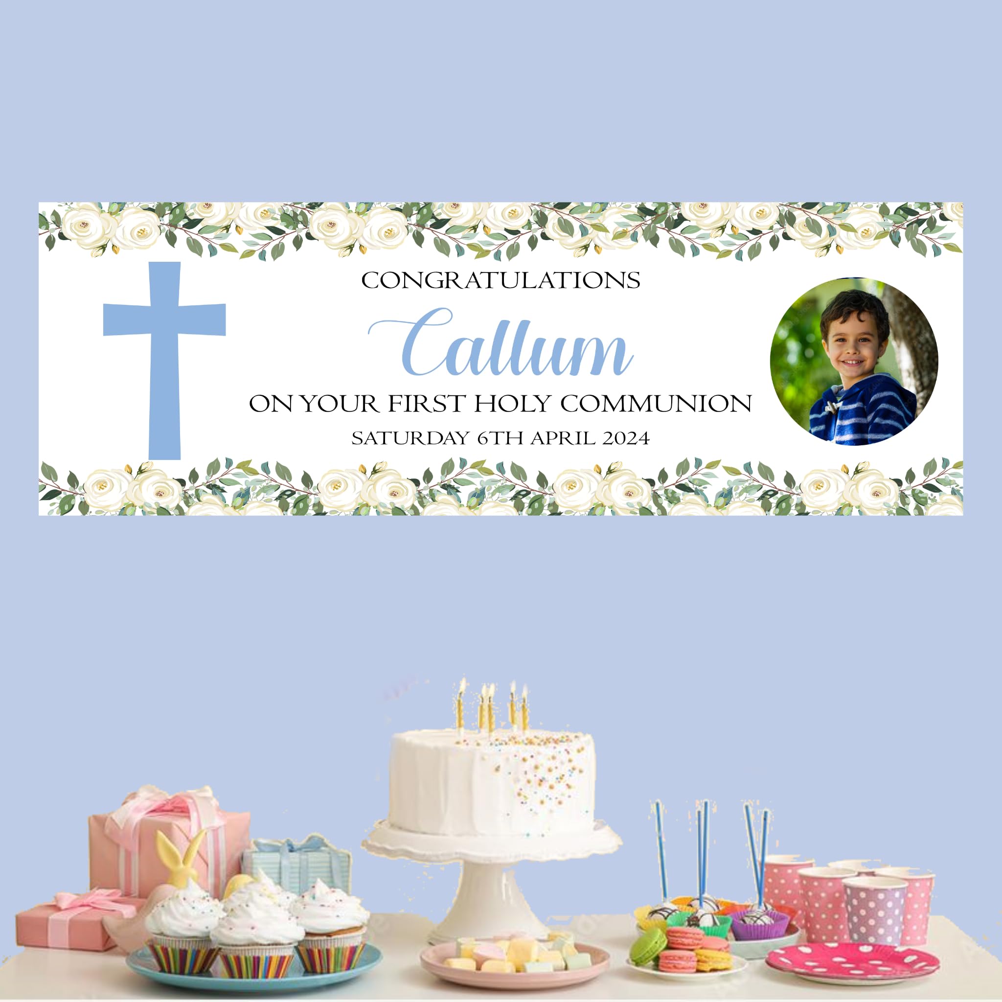 First Holy Communion Party Banner Personalised Blue Floral Cross Party Decoration Baptism Confirmation