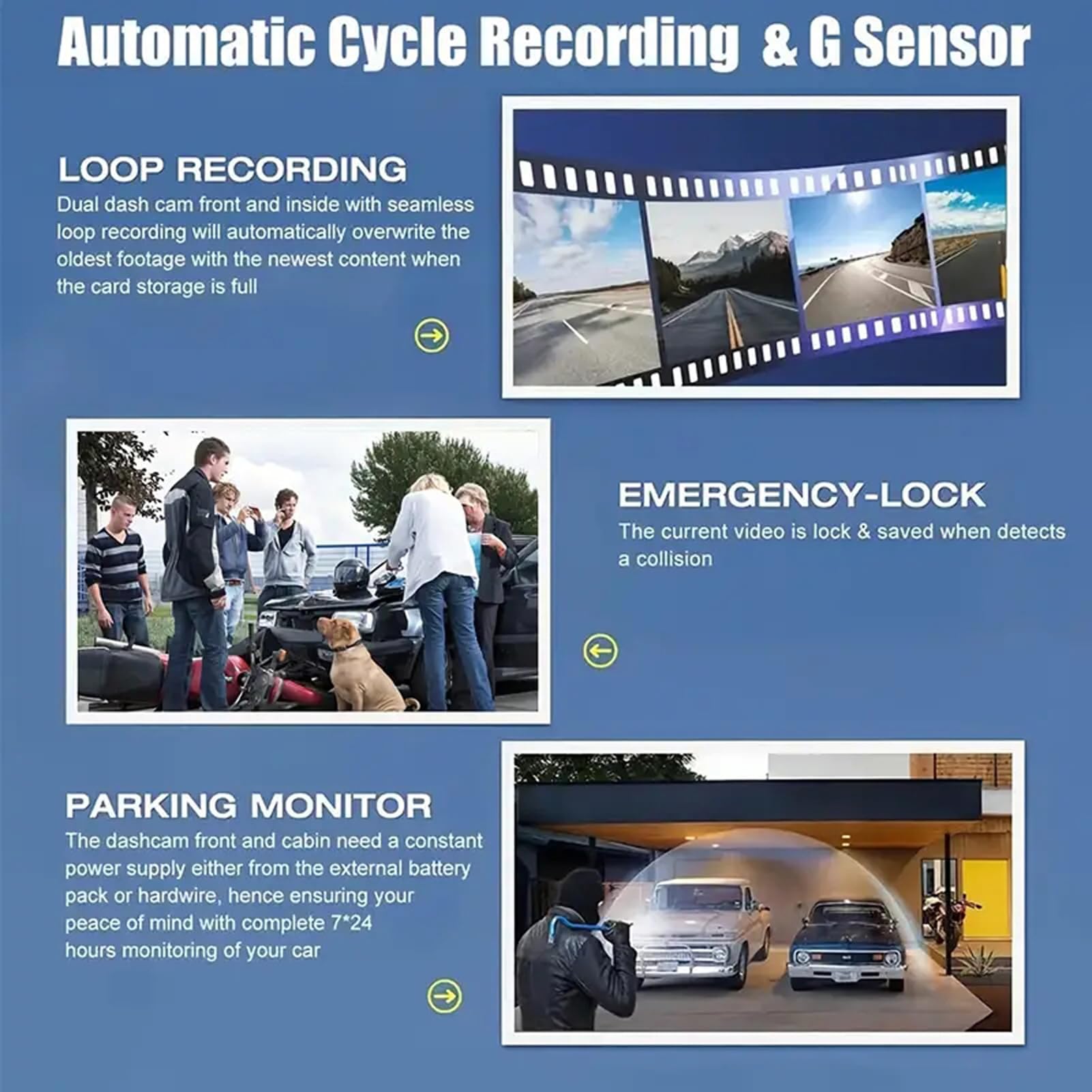 Kamera samochodowa DVR 1080P z 3 obiektywami do sedanów, ciężarówek i SUV-ów, kamera samochodowa z widokiem z przodu i z tyłu, 2-calowy ekran, sterowanie za pomocą aplikacji (Z Wi-Fi)