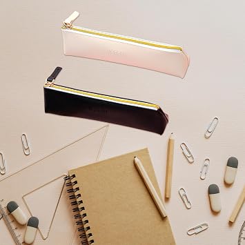 2Pcs Slim Leather Pencil Case,Minimalist PU Leather Pen Pouch with Zipper,Mini Makeup for School,Office,Travel(Black&Beige)
