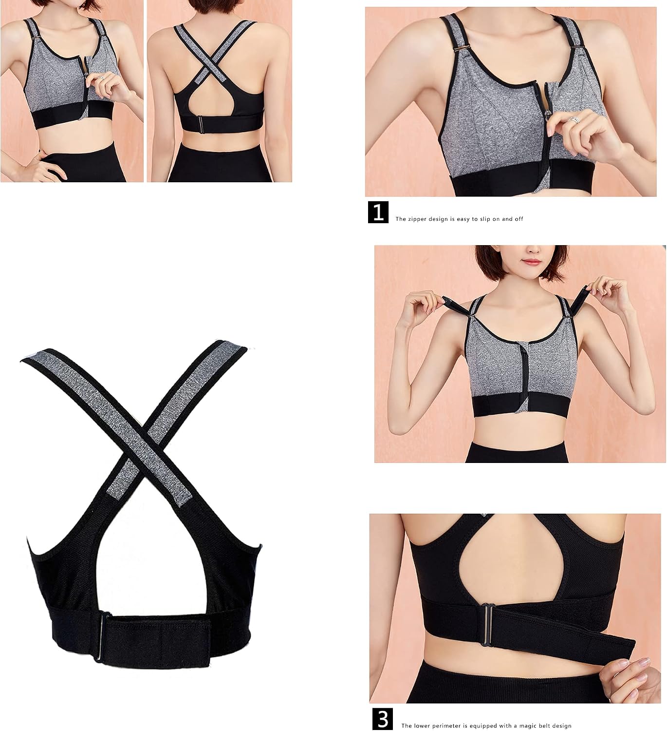 BIMEI Women's Sports Bra Wirefree Zipper Front Mastectomy Bra Comfort Pocket Bra Seamless with Removable Paddings9901