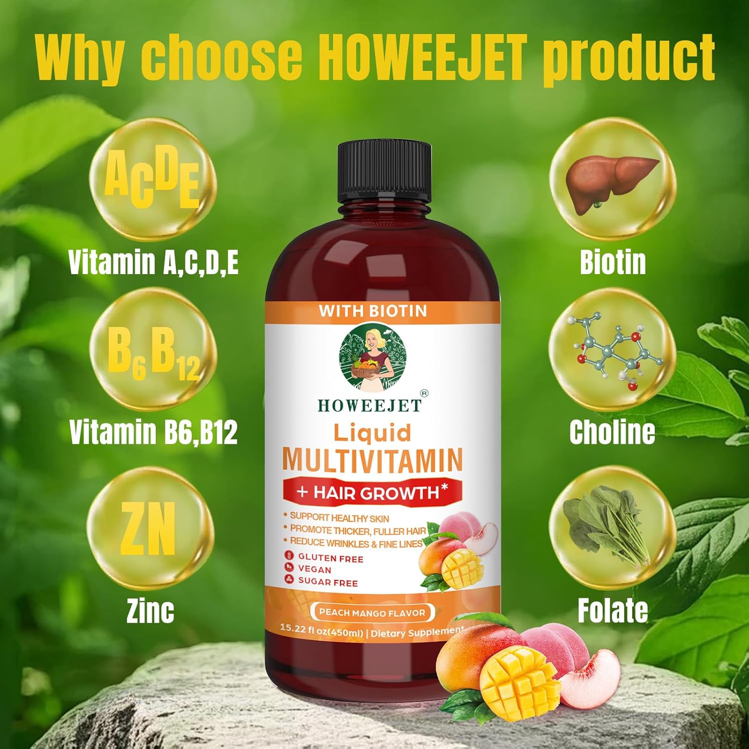 Liquid Multivitamin for Hair Growth | Biotin 10000mcg | Hair & Skin Support Supplement | Clinically Tested for Thicker Hair & Skin Elasticity | Suitable for Women & Men, Ages 18+ | 15.22 Fl Oz (1)