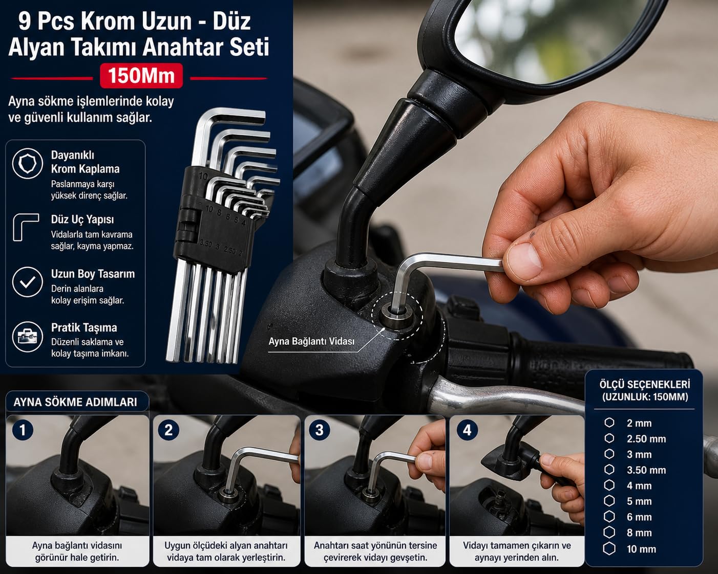 9 Parça Krom Uzun Düz Alyan Anahtar Seti 150 mm (2–10 mm) Dayanıklı Çelik Allen Anahtar Takımı