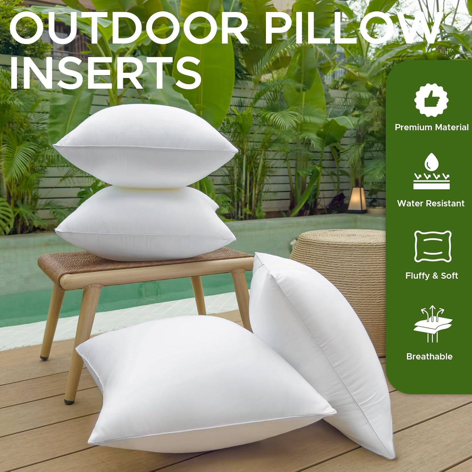 22 x 22 Outdoor Pillow Insert Pack of 4 Patio Furniture Pillows Cushion Waterproof Square Throw Pillow Inserts Decorative Couch Pillow Inserts White Sofa Sham Cushion Stuffer - Image 2