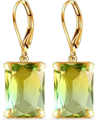 Rectangle Simple Gem Stone Dangle Earrings 14K Gold, Square Natural Multicolor Rainbow Fluorite Crystal Drop Earrings for Women