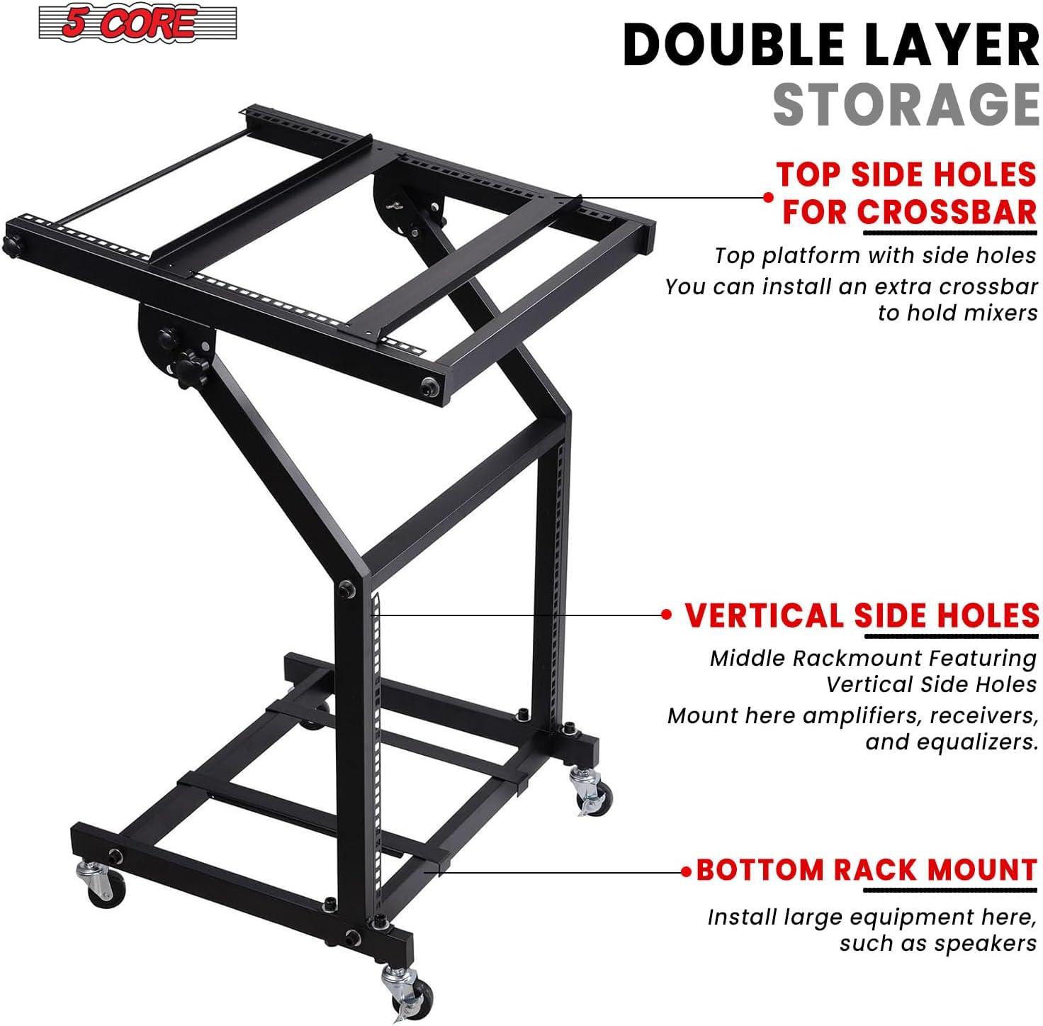 5 CORE Mixer Stand 330 lbs Capacity 9U Professional Audio Rack Mount Adjustable Rolling DJ Cart with Wheels Heavy Duty – RACK STAND 9U