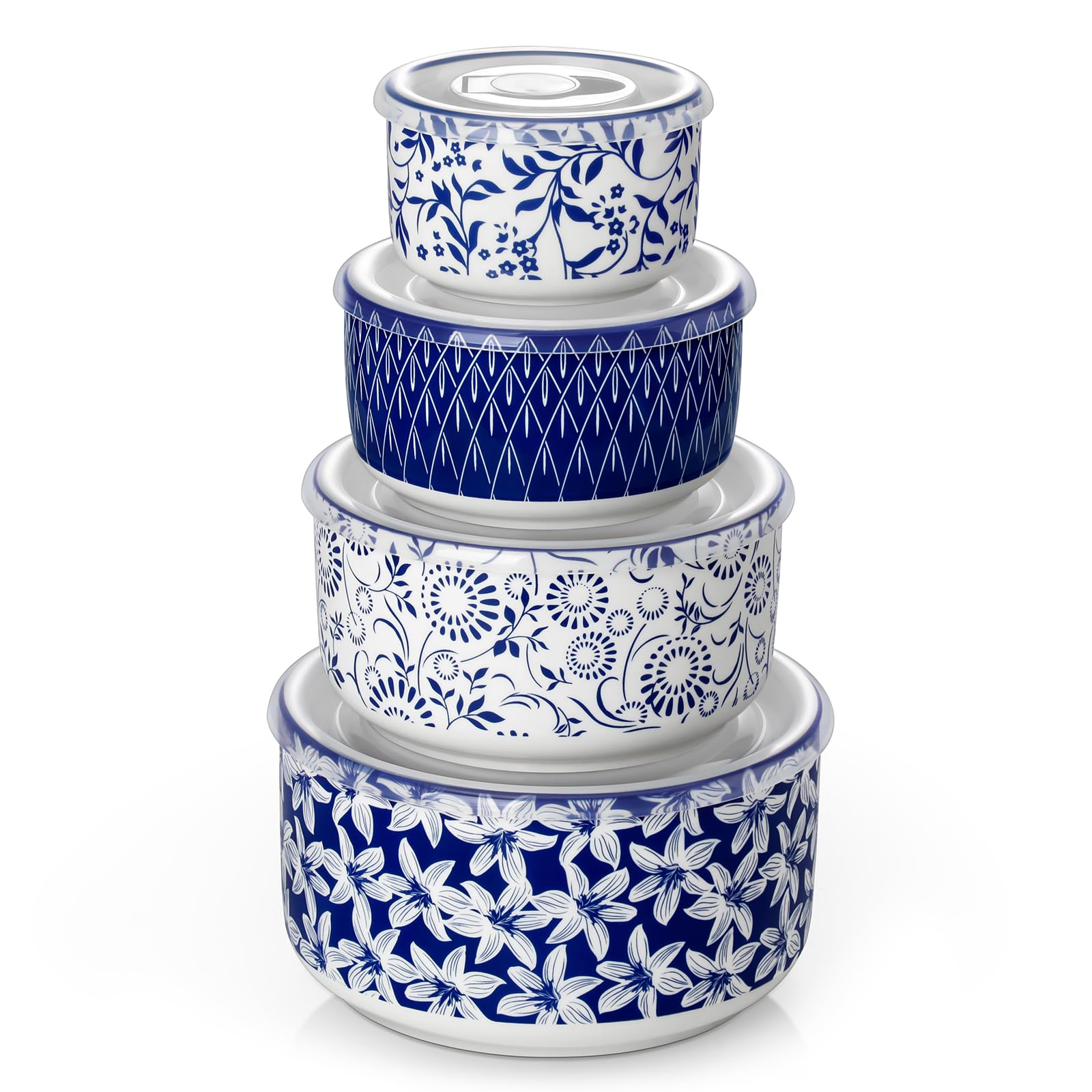 Salatschüssel mit Deckel 4 teilig, vancasso Müslischalen Keramik, Servierschalen Blau-Weiß, Schüssel mit Deckel für Müsli, Salat, Suppe, Ramen