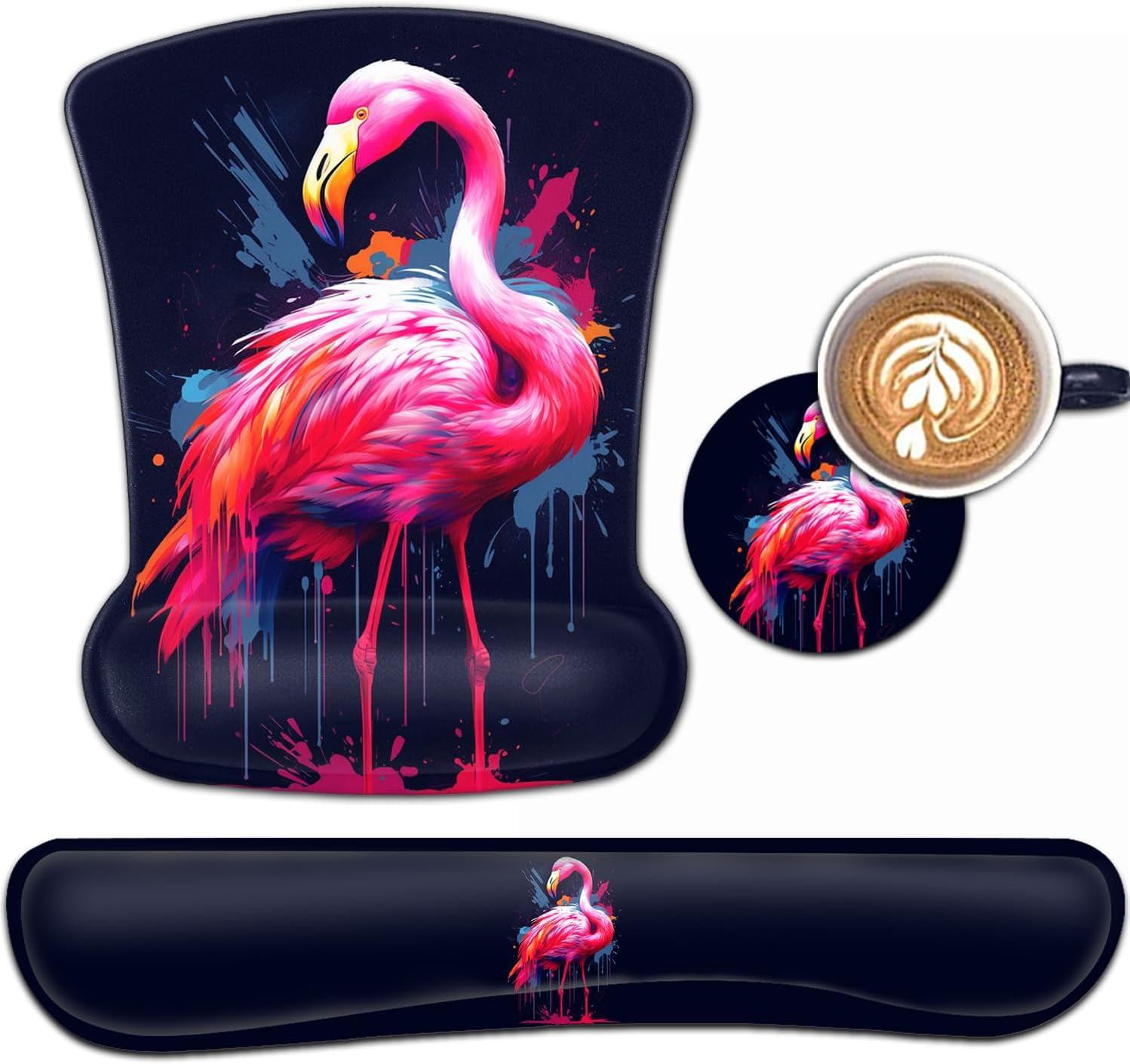 Keyboard and Mouse Pad Wrist Rest Support Set, Ergonomic Gel With Non-Slip Base for Home Office Desk Pad Easy Typing, Watercolor Pink Flamingo Pattern Black Gaming Mouse Mat