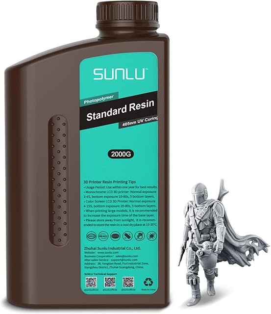 SUNLU 2KG 3D Printer Resin, Standard Photopolymer Fast Curing Resin for LCD/DLP/SLA Resin 3D Printer, 405nm UV Curing 3D Printing Resin, Low Shrinkage, High Precision, 2000g 3D Resin, Grey