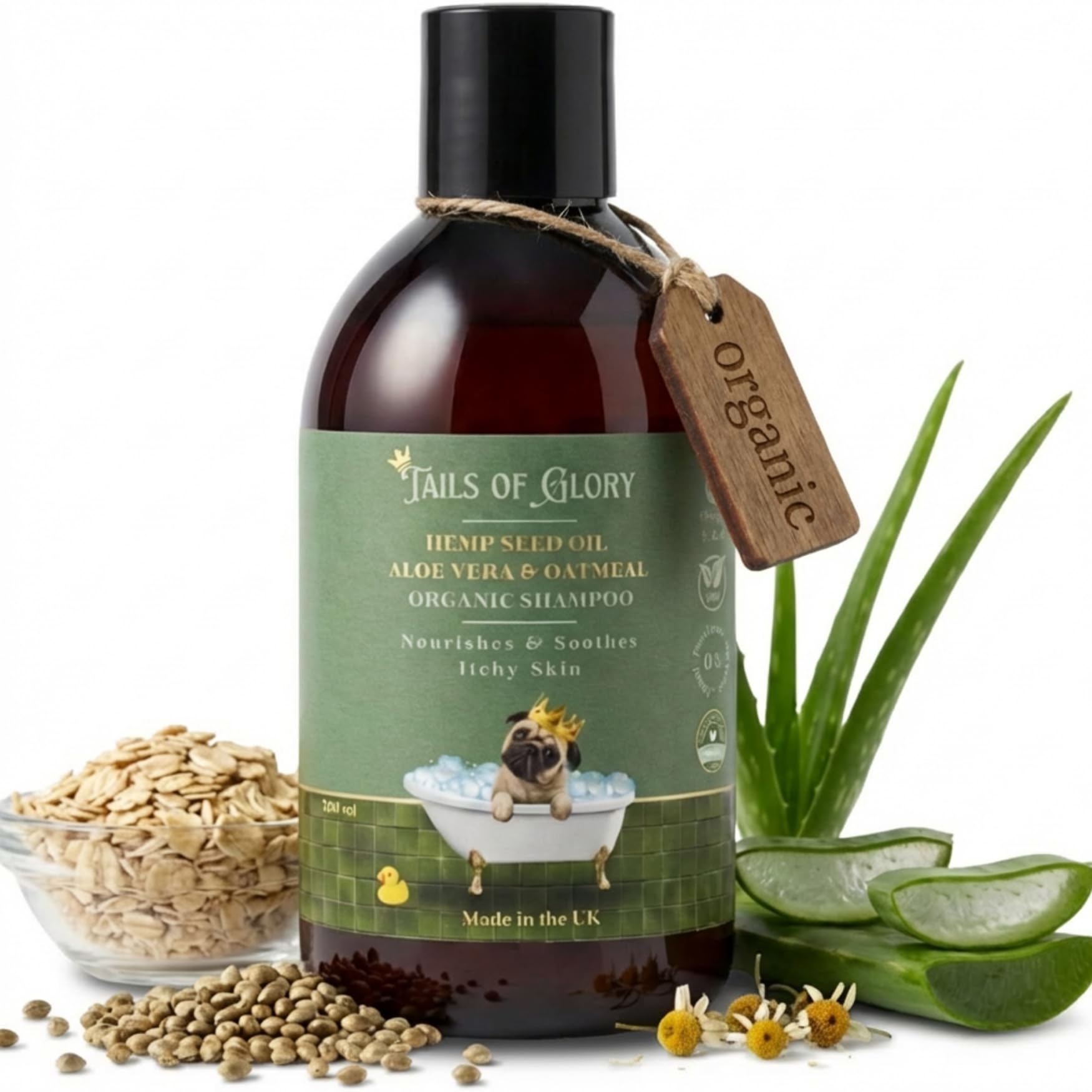 Tails of Glory - Organic and Hypoallergenic Dog Shampoo - Hemp Seed Oil, Aloe Vera & Oatmeal Dog Soap Cleaner - No SLS - Vegan Puppy Shampoo (12 Weeks) - Sensitive Skin - Made in the UK - 300ml