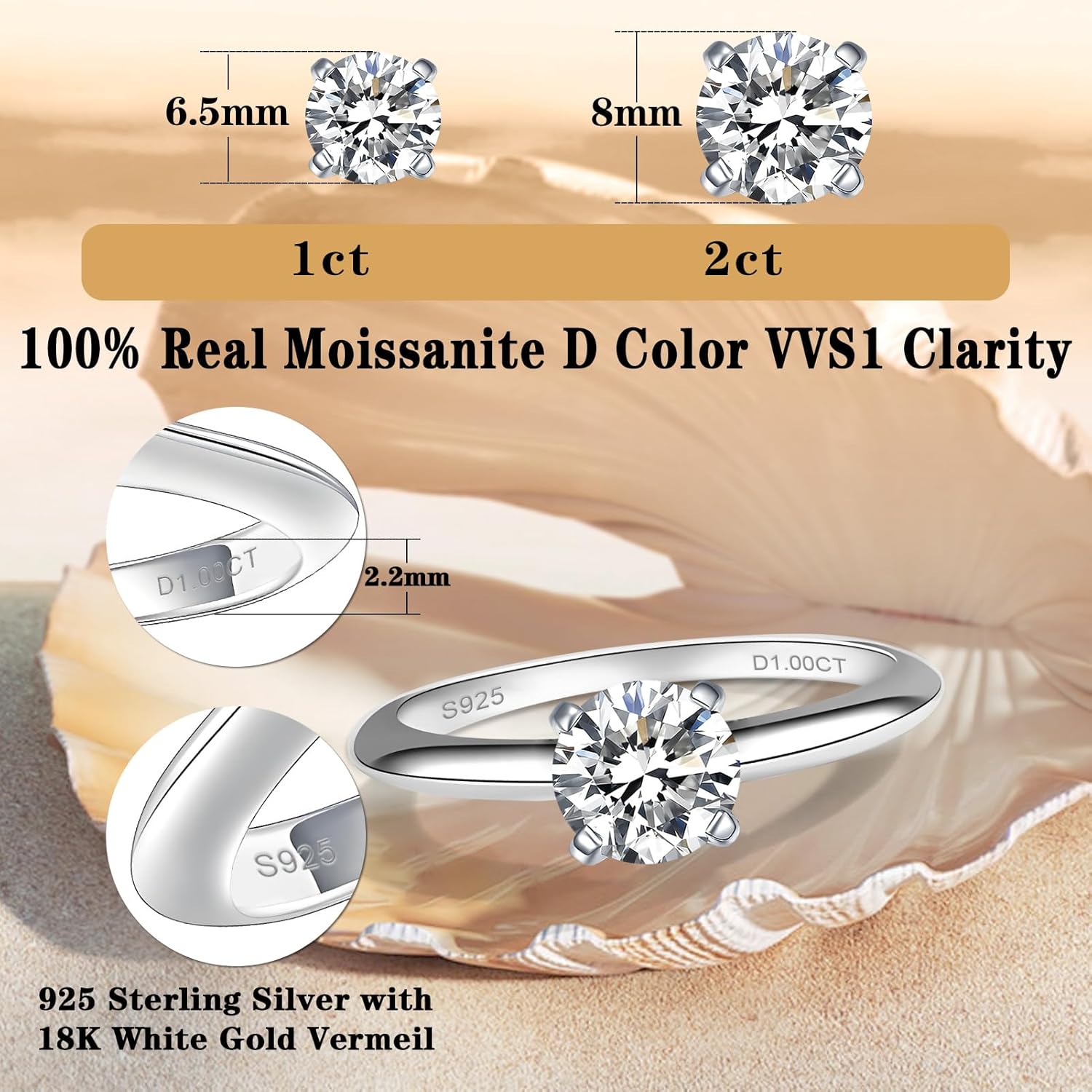1/2CT Moissanite Solitaire Rings for Women D Color VVS1 Clarity Round Created Diamond and 925 Sterling Silver with 18K White Gold Vermeil Size 5-10 - Image 2