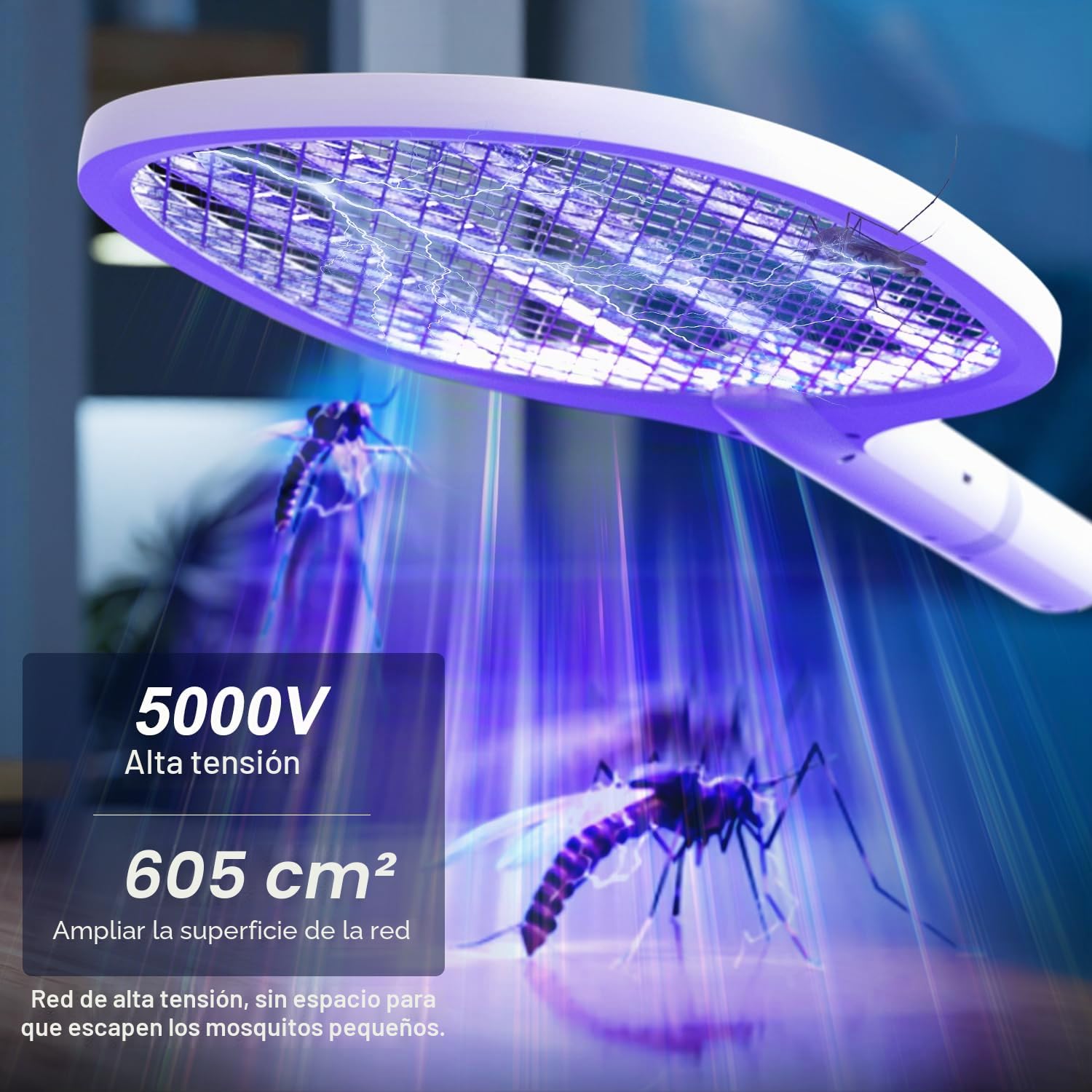 5000V Raqueta Matamoscas Eléctrica, 2 en 1 1800mAh Mata Mosquitos Electrico USB Recargable, Raqueta eléctrica con Luz Ultravioleta para Matar Mosquitos