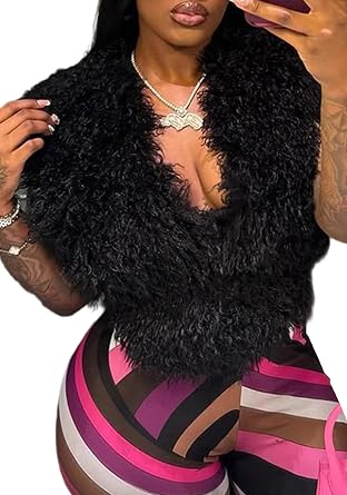 Womens Faux Fur Halter Vest Sexy V Neck Tie Backless Fuzzy Tank Tops Sleeveless Going Out Outfit for Club