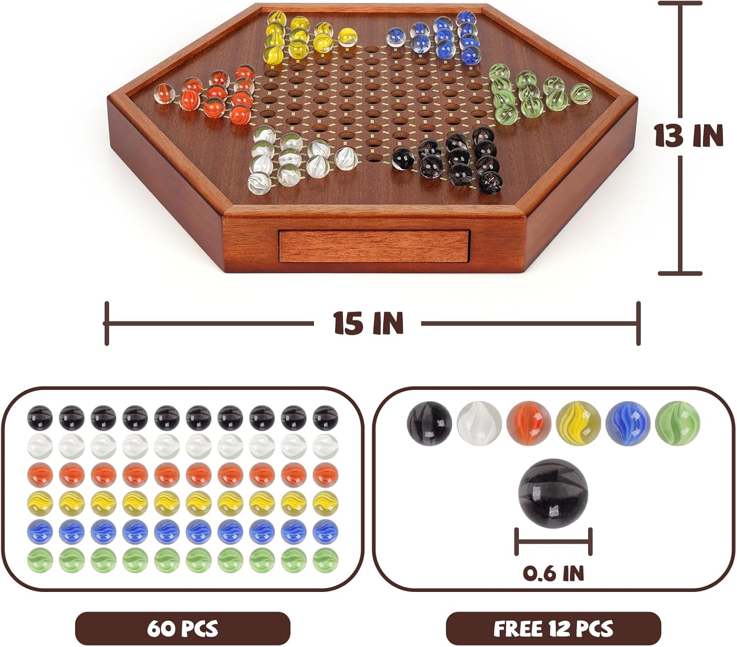 15-Inch Wooden Chinese Checkers Board Game Set – Classic Strategy Game with 72 Glass Marbles, Dual-Sided Storage Drawer, Family Board Games for Adults, Educational Travel and Indoor Game