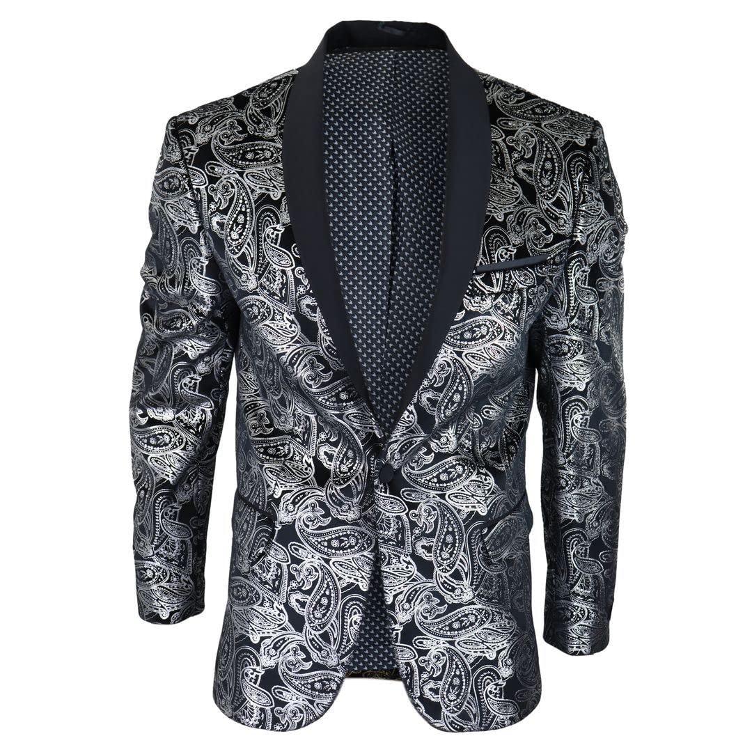 Mens Velvet Paisley Floral Blazer Black Gold Silver Tuxedo Jacket Dinner Suit Tux - Silver Black 44