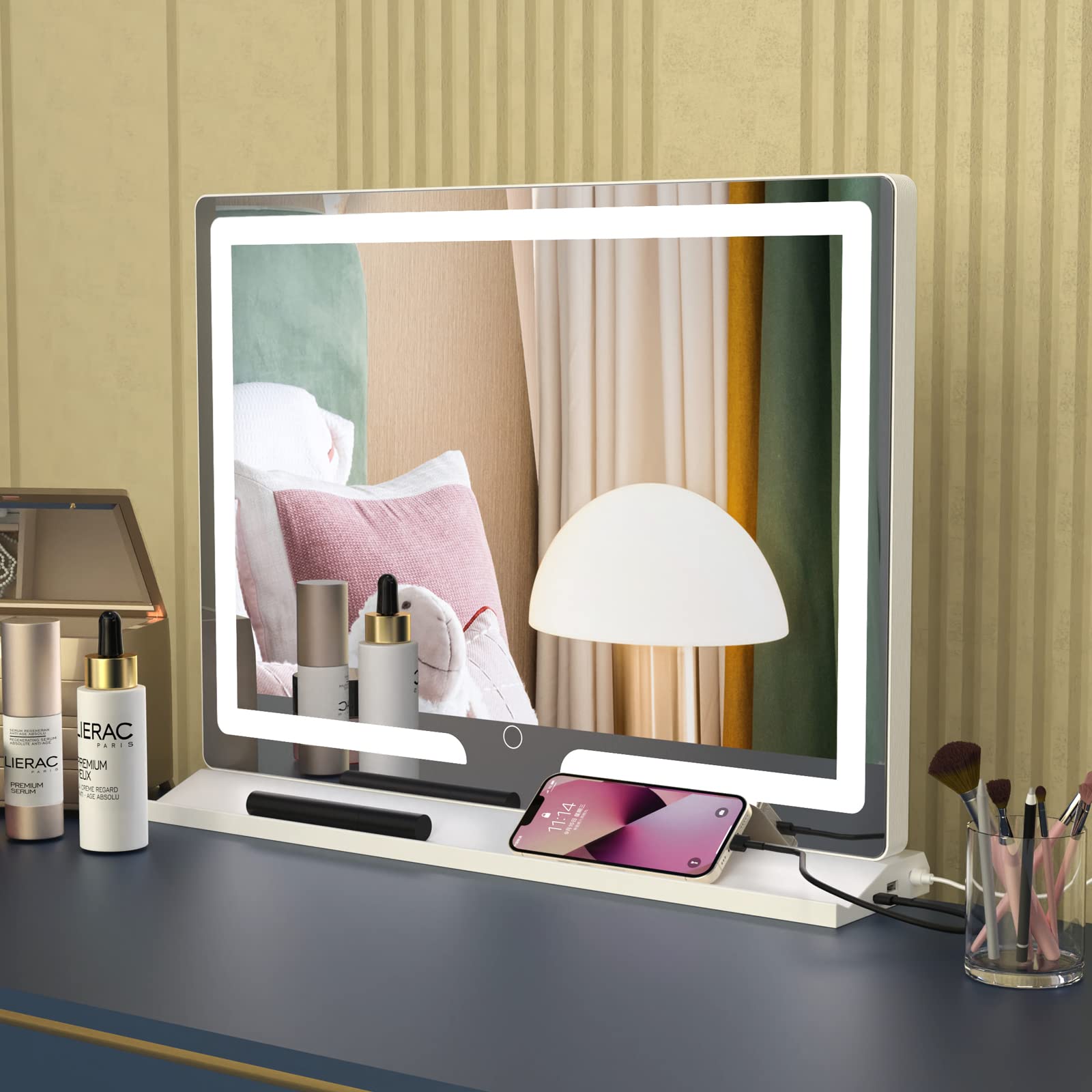LOWIXI Vanity Mirror with Lights 23"X18",Makeup Mirror with LED Lights 3 Colors Setting,Smart Control USB Charging Port,Aluminum Frame
