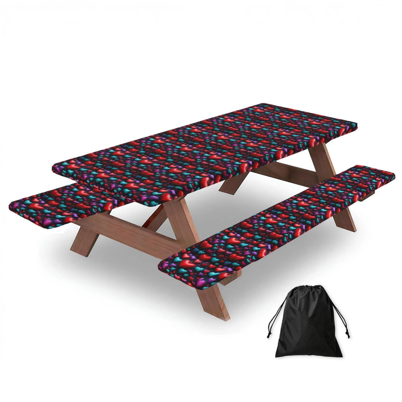 AYYQWE Romantic Red Heart Print Picnic Table Bench Cover Outdoor Garden Party Decor Daily Accessory Gift