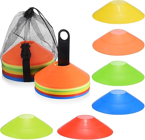 PATIKIL Paquete de 96 conos de fútbol para entrenamiento de agilidad, pequeños conos para aula, mini conos de fútbol con correa, conos de