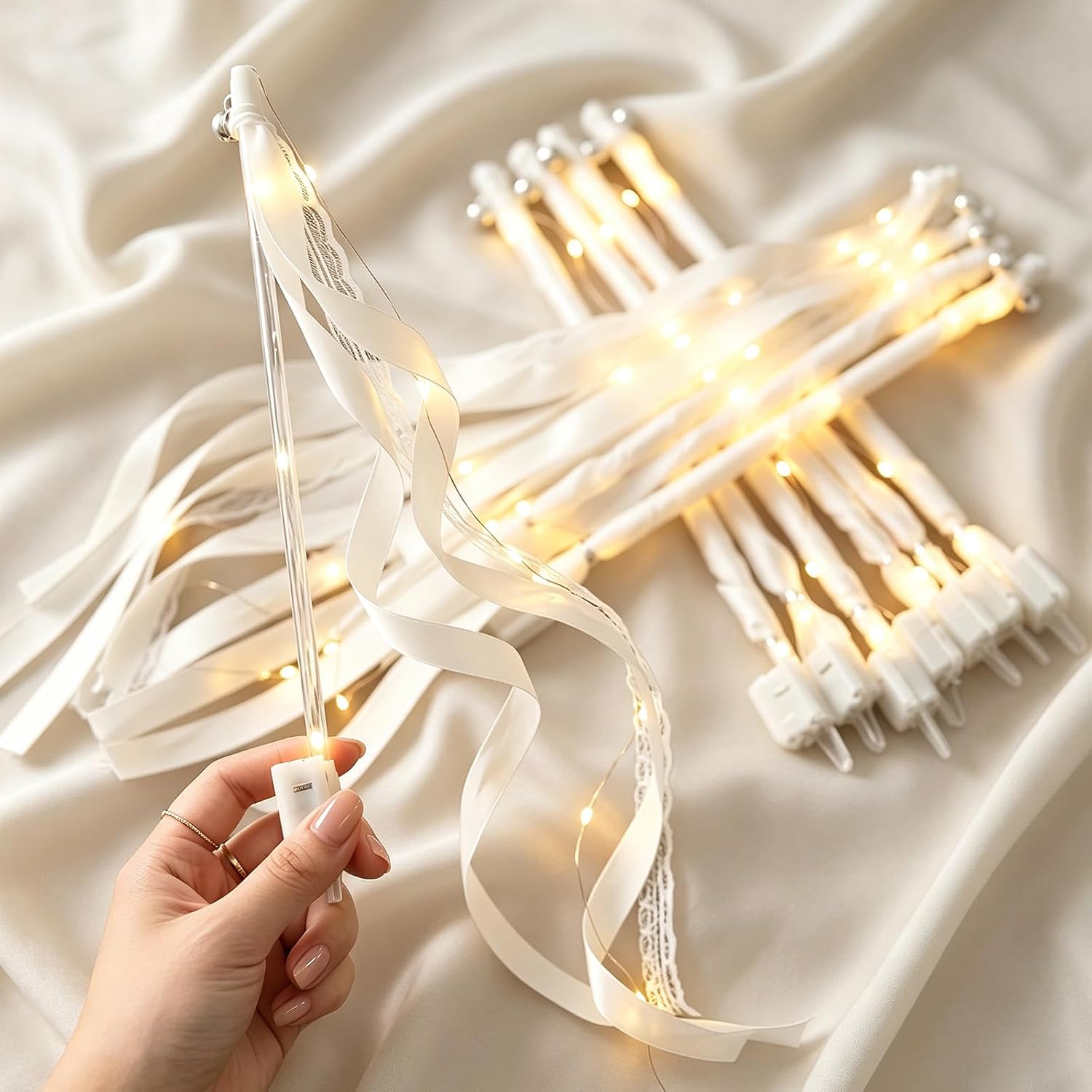 50 PCS Light Up Wedding Wands, Wedding Streamers with Bells & Ribbons – 3 Flashing LED Modes – LED Fairy Wand Sparklers for Wedding Send Off, Graduation, and New Year’s Party (Warm White)