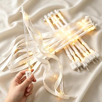 100 PCS Light Up Wedding Wands, Wedding Streamers with Bells & Ribbons 3 Flashing LED Modes LED Fairy Wand Sparklers for Wedding Send Off, Graduation, and New Years Party Warm White