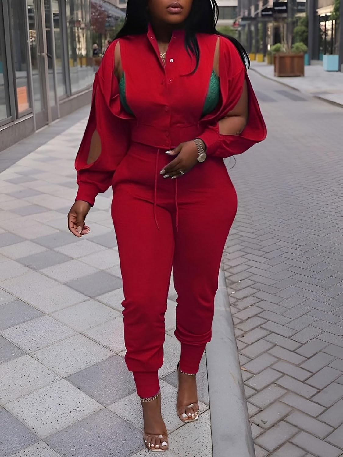 Akmipoem Sweatsuits for women Set 2 Piece Jogger Outfits Zipper Split Long Sleeve Button Down Crop Top and Pants Tracksuit - Image 3